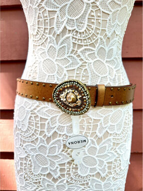 NWT Merona Brown Studded Belt with Decorative Beaded Buckle